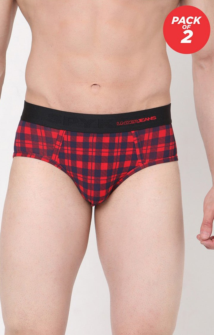 Underjeans by Spykar Men Blue Check Regular Fit Briefs (Pack of 2)