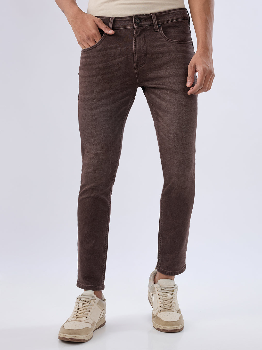 Spykar Coffee Brown Slim Fit Mid Rise Jeans For Men