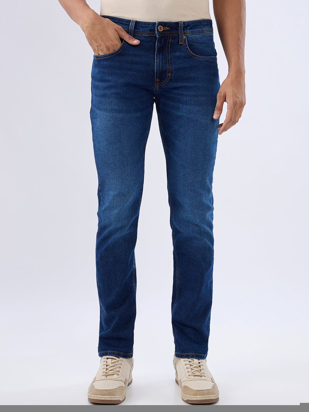 Spykar Dark Blue Comfort Fit Mid Rise Jeans For Men