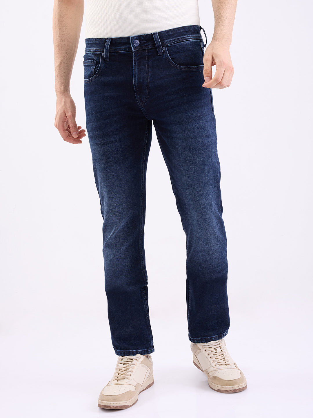 Spykar Dark Blue Mid Rise Regular Fit Casual Jeans For Men