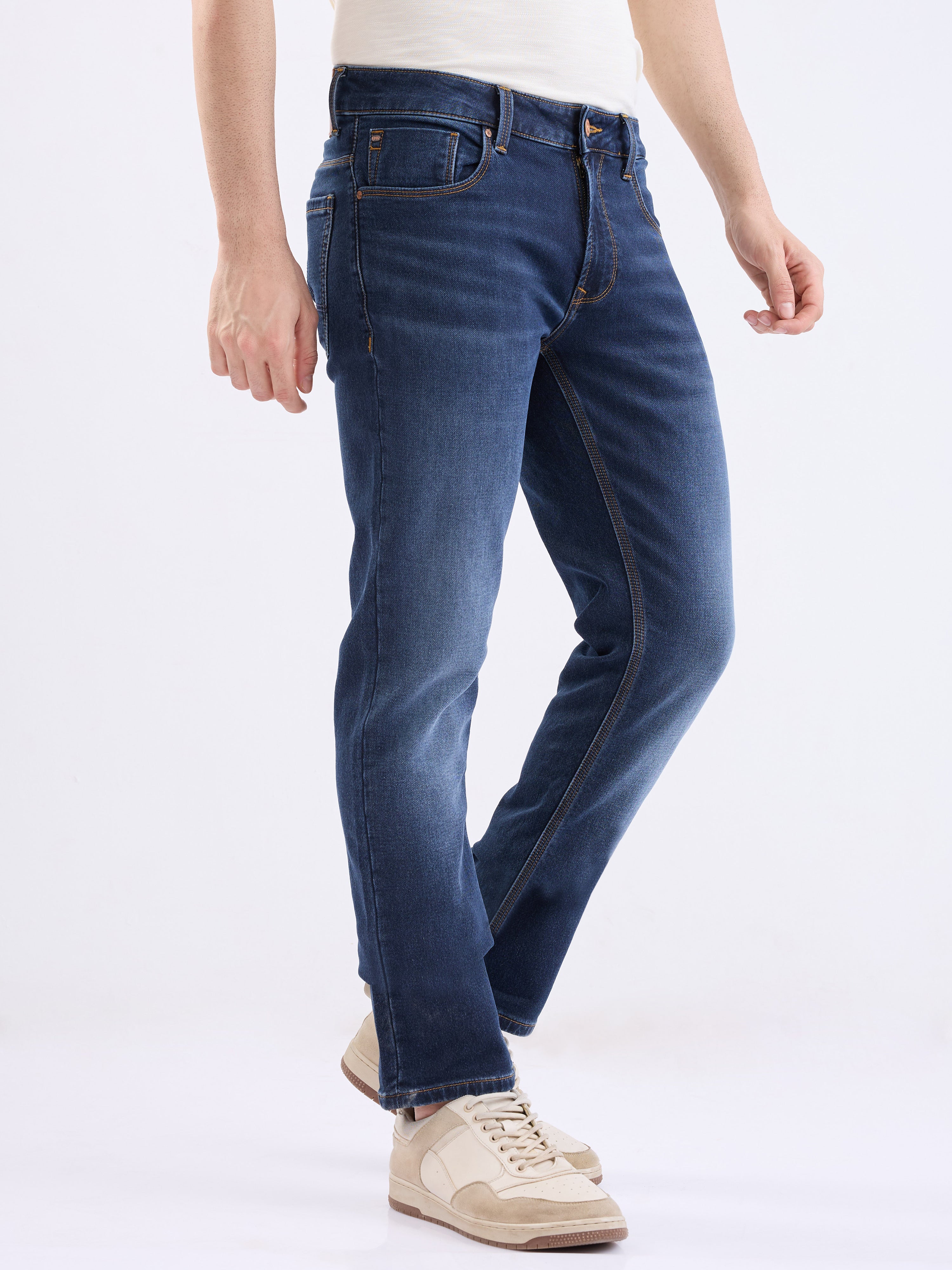 Spykar Dark Blue Mid Rise Regular Fit Casual Jeans For Men