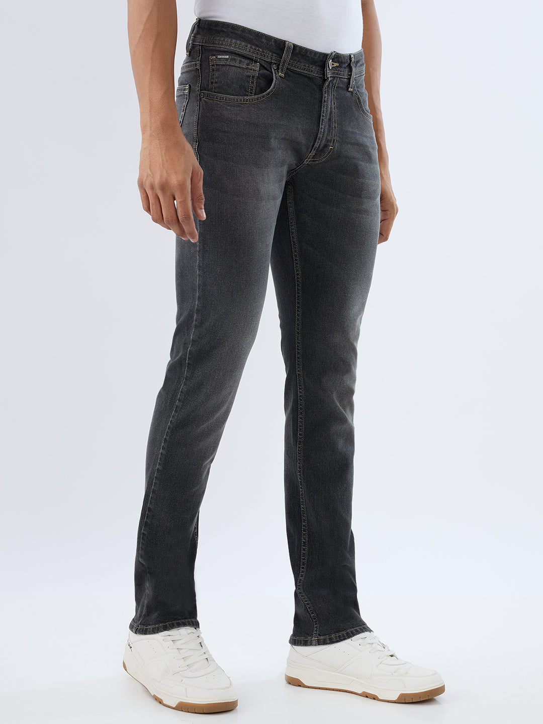 Spykar Charcoal Black Regular Fit Mid Rise Jeans For Men