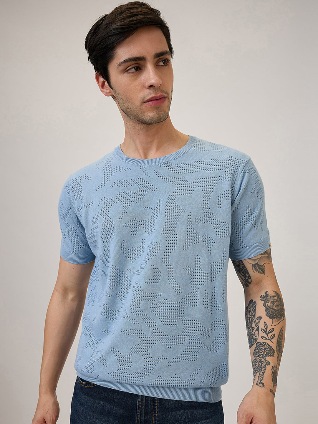 SPYKAR Regular Fit Half Sleeve Blue Solid Casual T-Shirt For Men