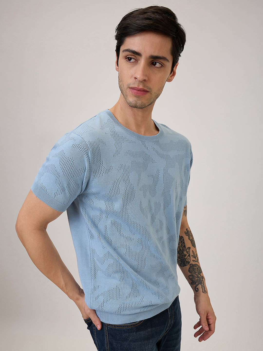 SPYKAR Regular Fit Half Sleeve Blue Solid Casual T-Shirt For Men