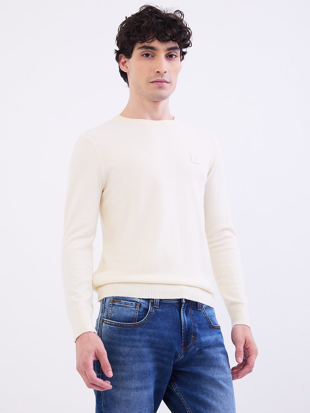 Spykar Off White Slim Fit Casual Sweaters For Men