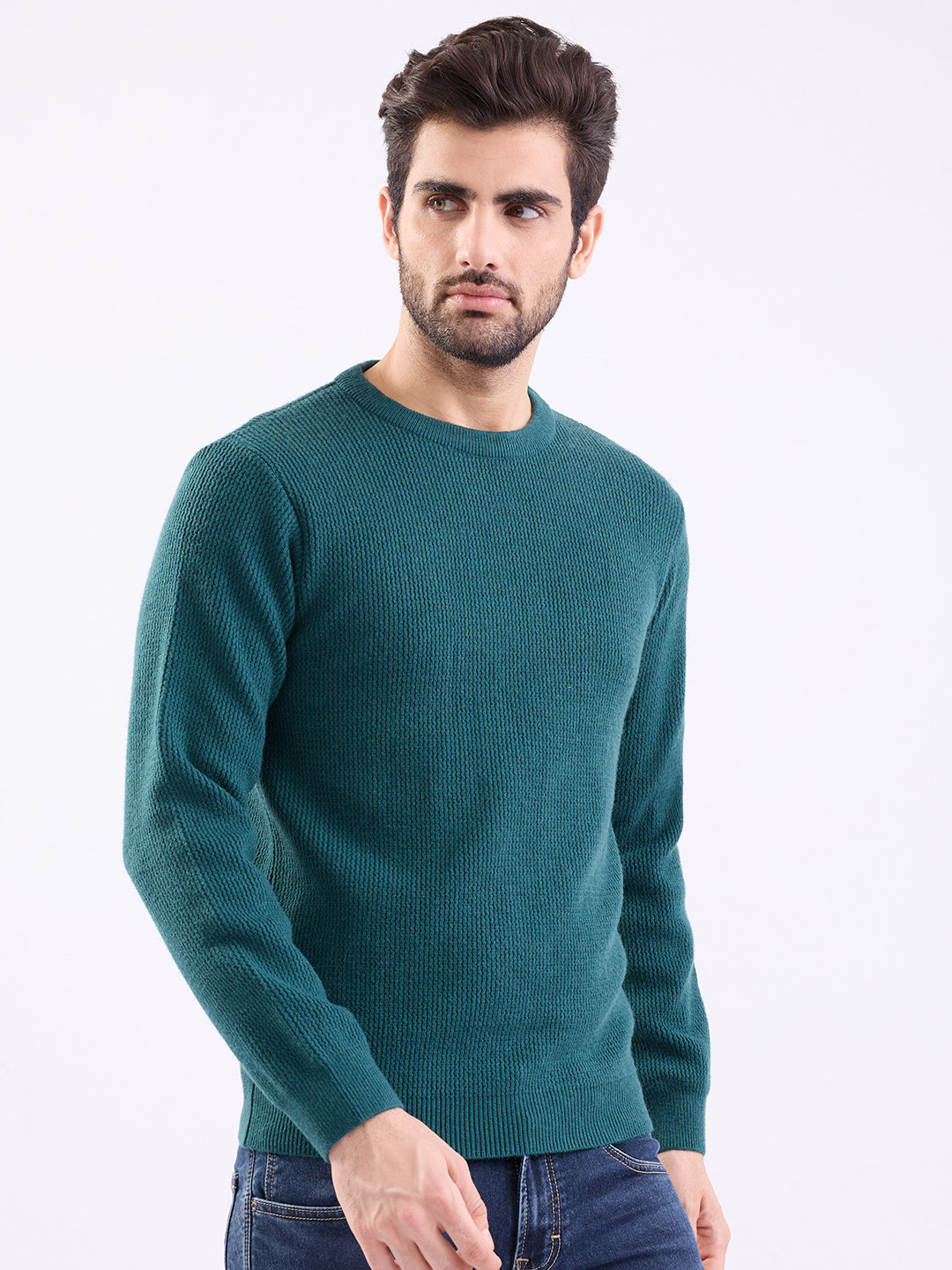 Spykar Teal Green Slim Fit Casual Sweaters For Men