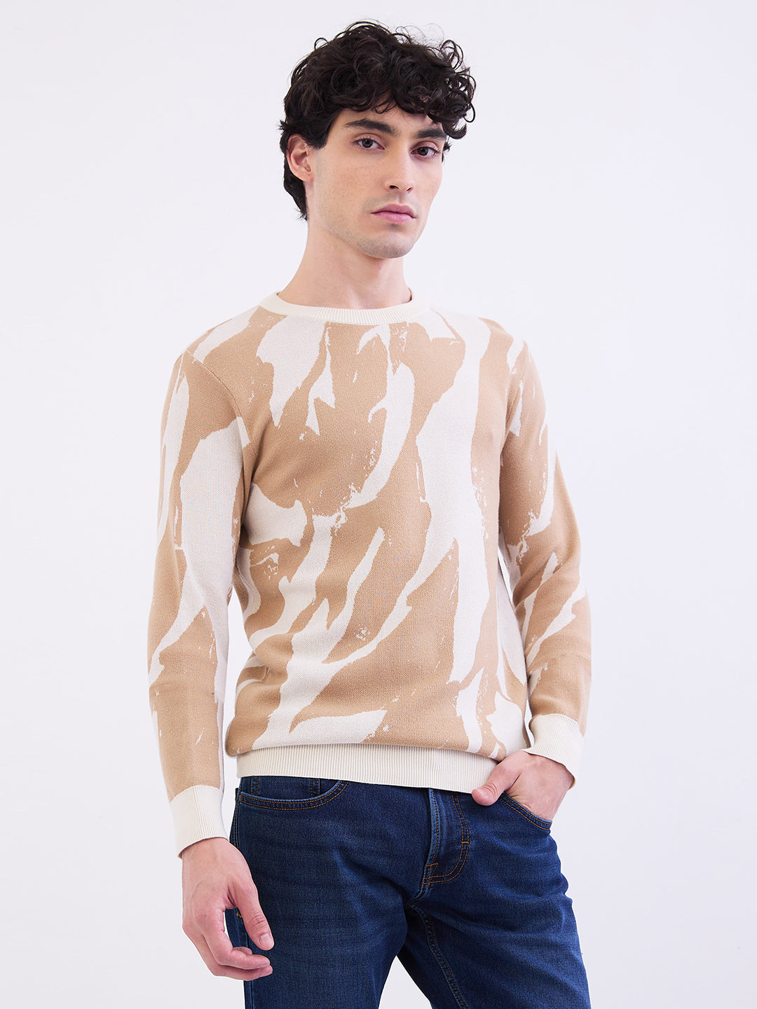 Spykar Taupe Beige Slim Fit Casual Sweaters For Men