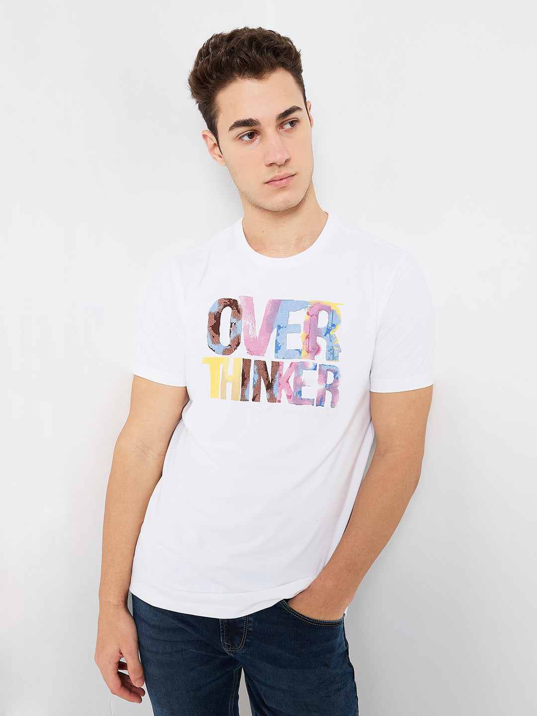 Spykar White Slim Fit Solid Half Sleeve T-Shirt For Men