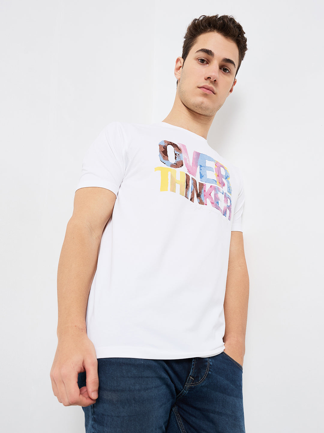 Spykar White Slim Fit Solid Half Sleeve T-Shirt For Men
