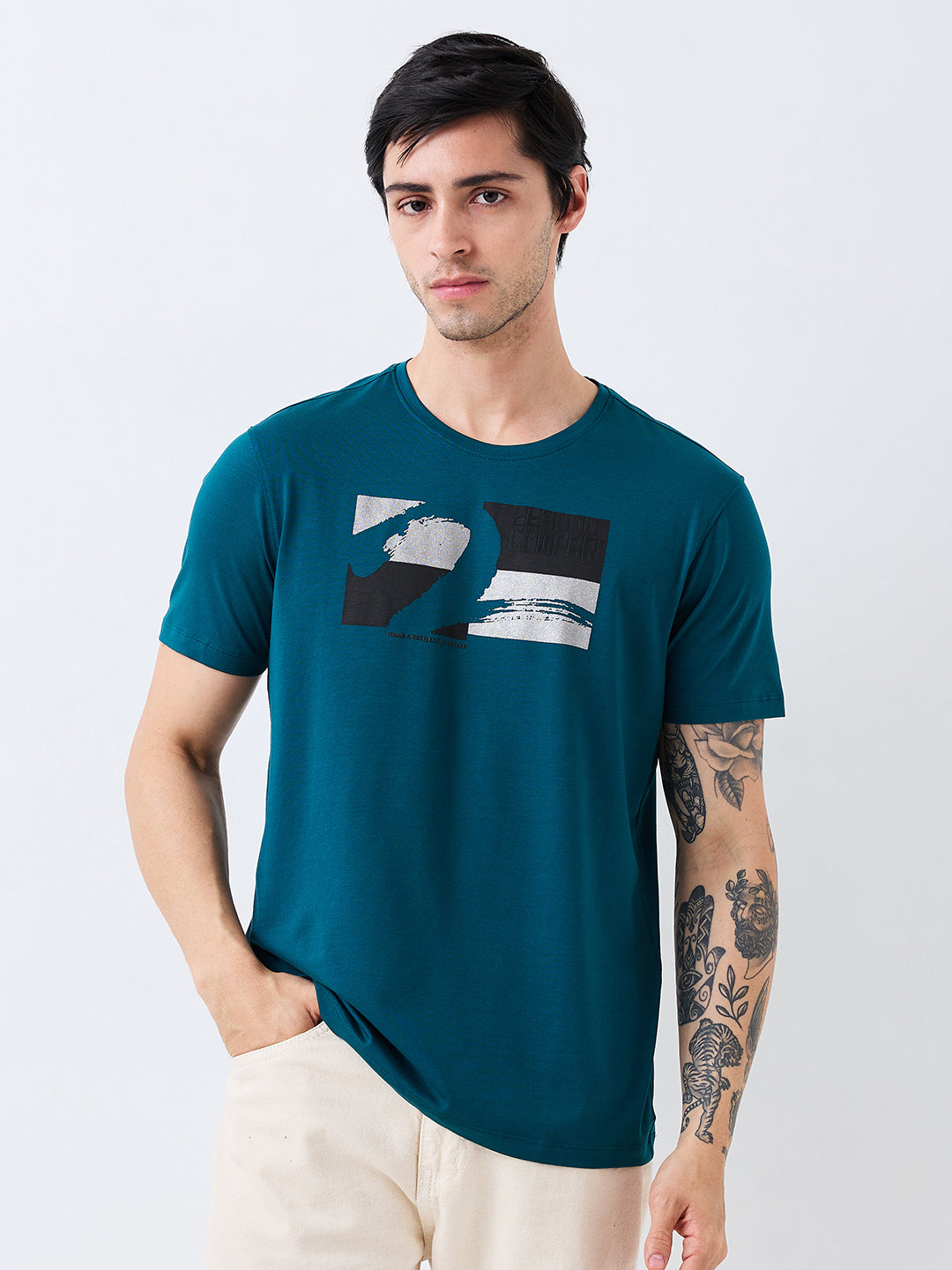 Spykar Green Slim Fit Solid Half Sleeve T-Shirt For Men