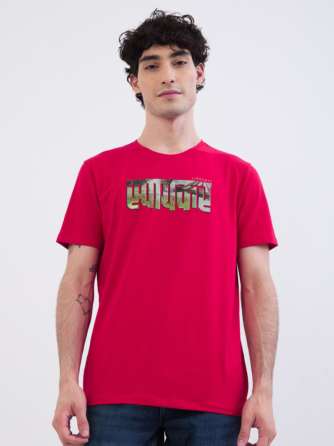 Spykar True Red Slim Fit Casual T-Shirt For Men