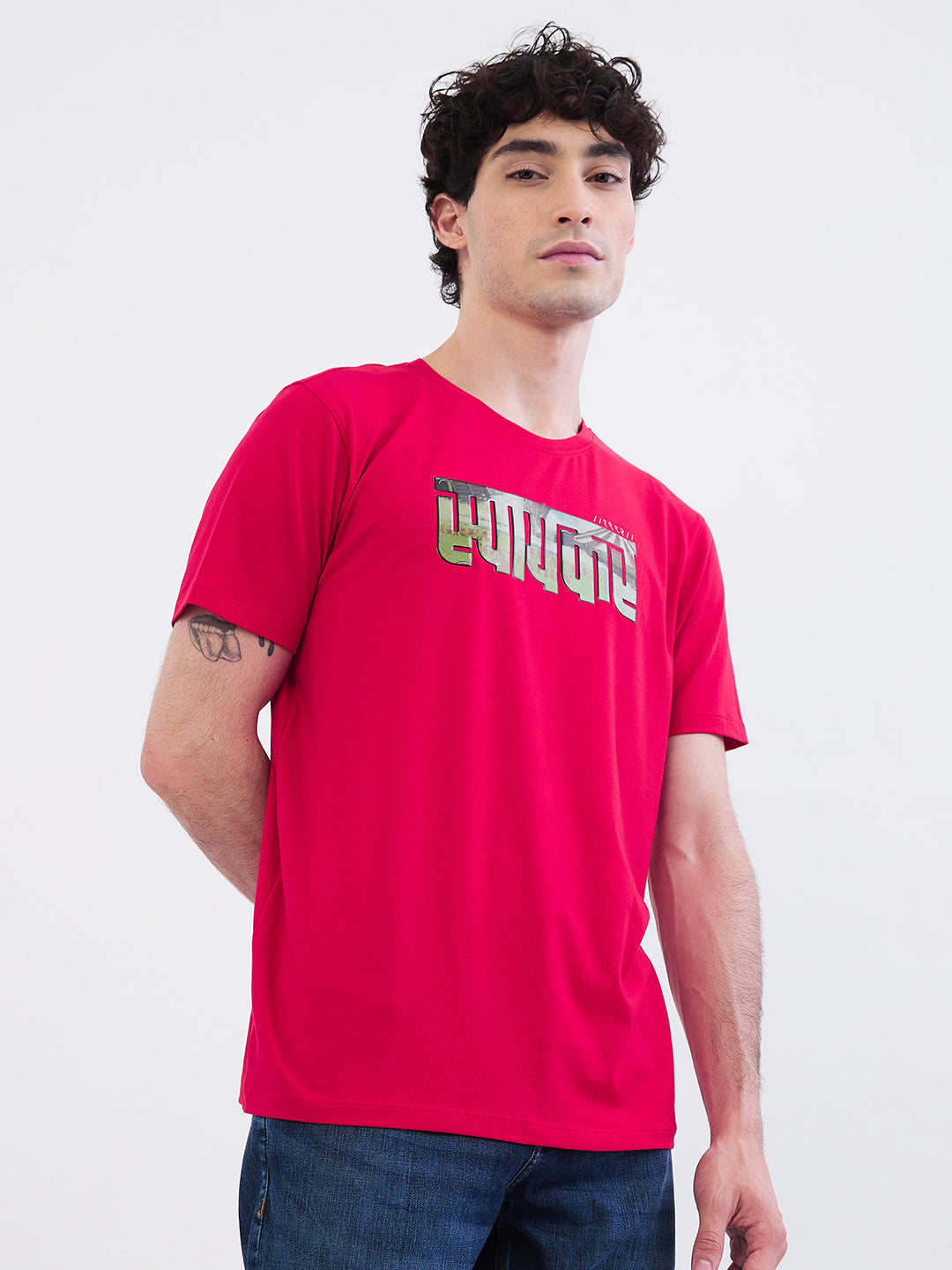 Spykar True Red Slim Fit Casual T-Shirt For Men