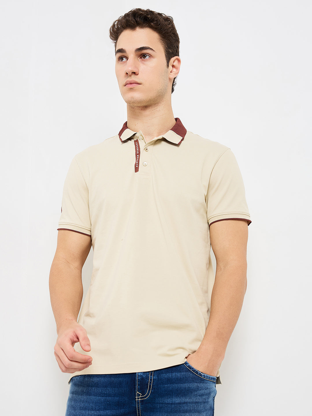 Spykar Beige Slim Fit Solid Half Sleeve T-Shirt For Men
