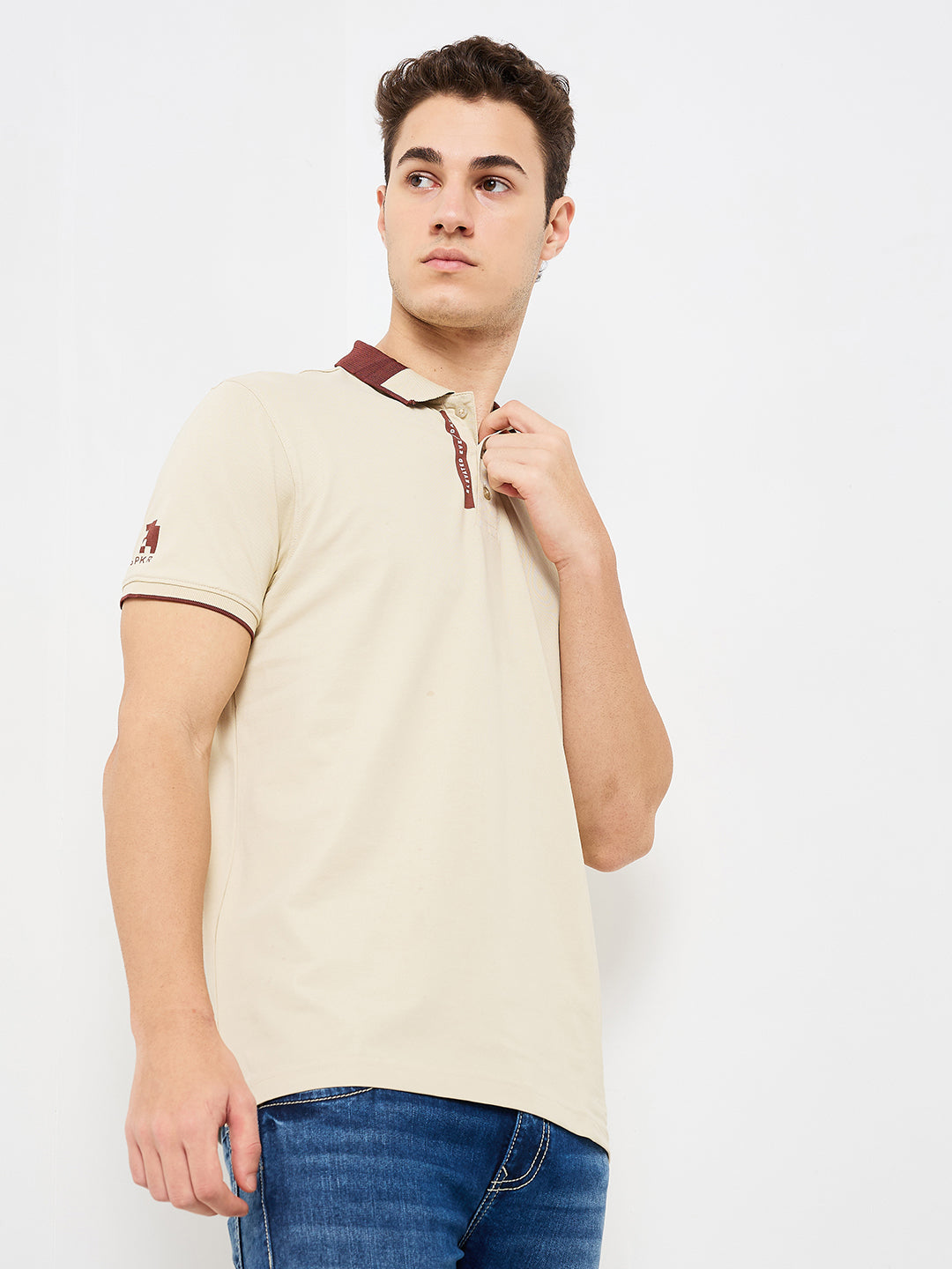 Spykar Beige Slim Fit Solid Half Sleeve T-Shirt For Men