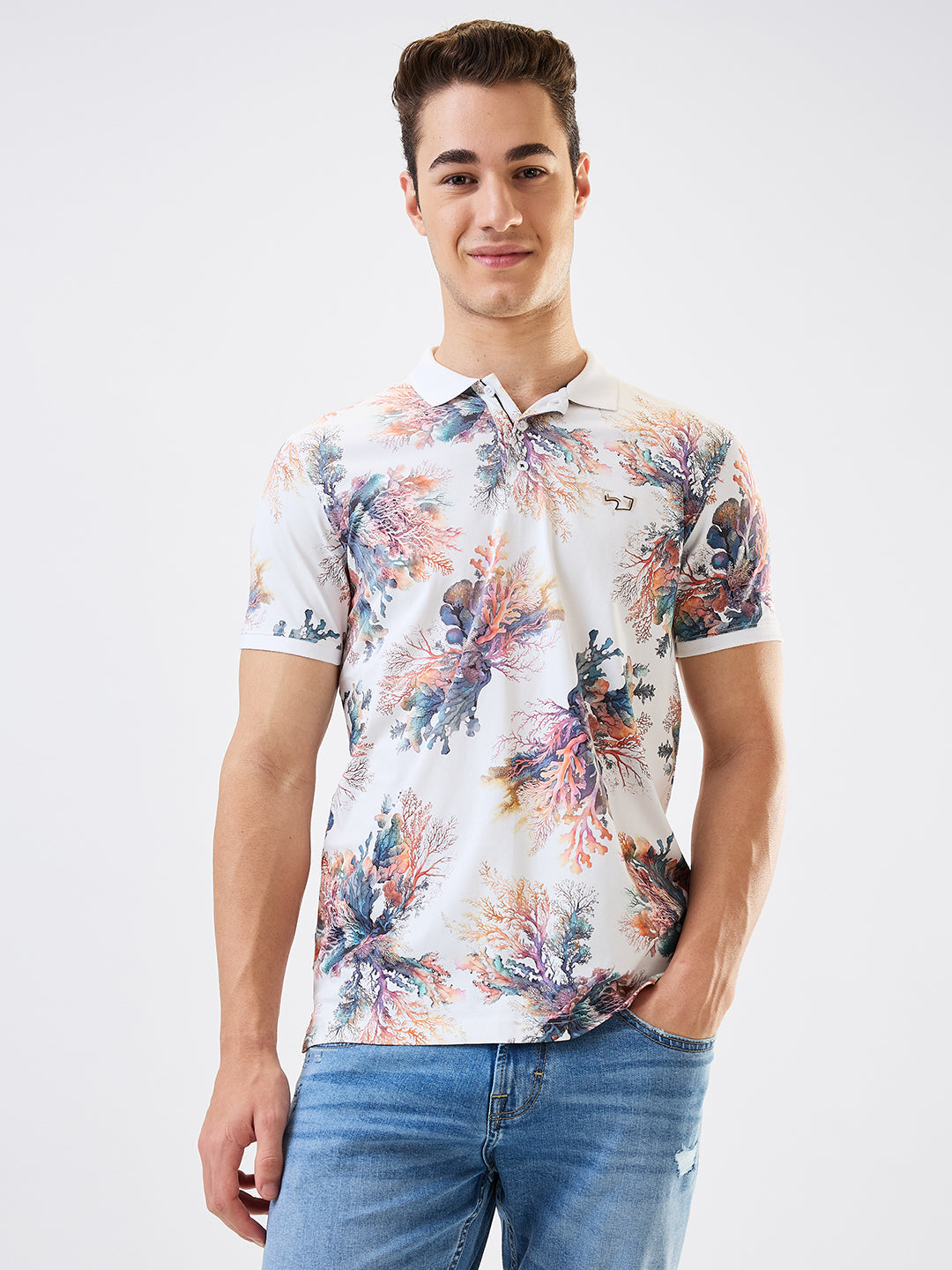 Spykar White Slim Fit Printed Half Sleeve T-Shirt For Men