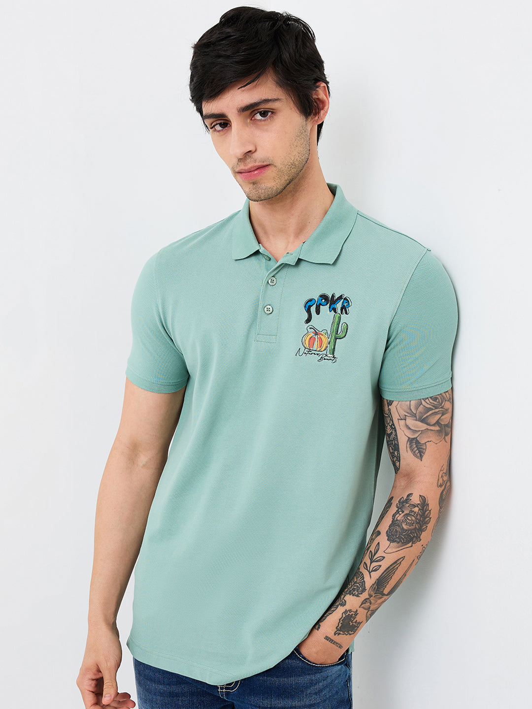 Spykar Green Slim Fit Solid Half Sleeve T-Shirt For Men