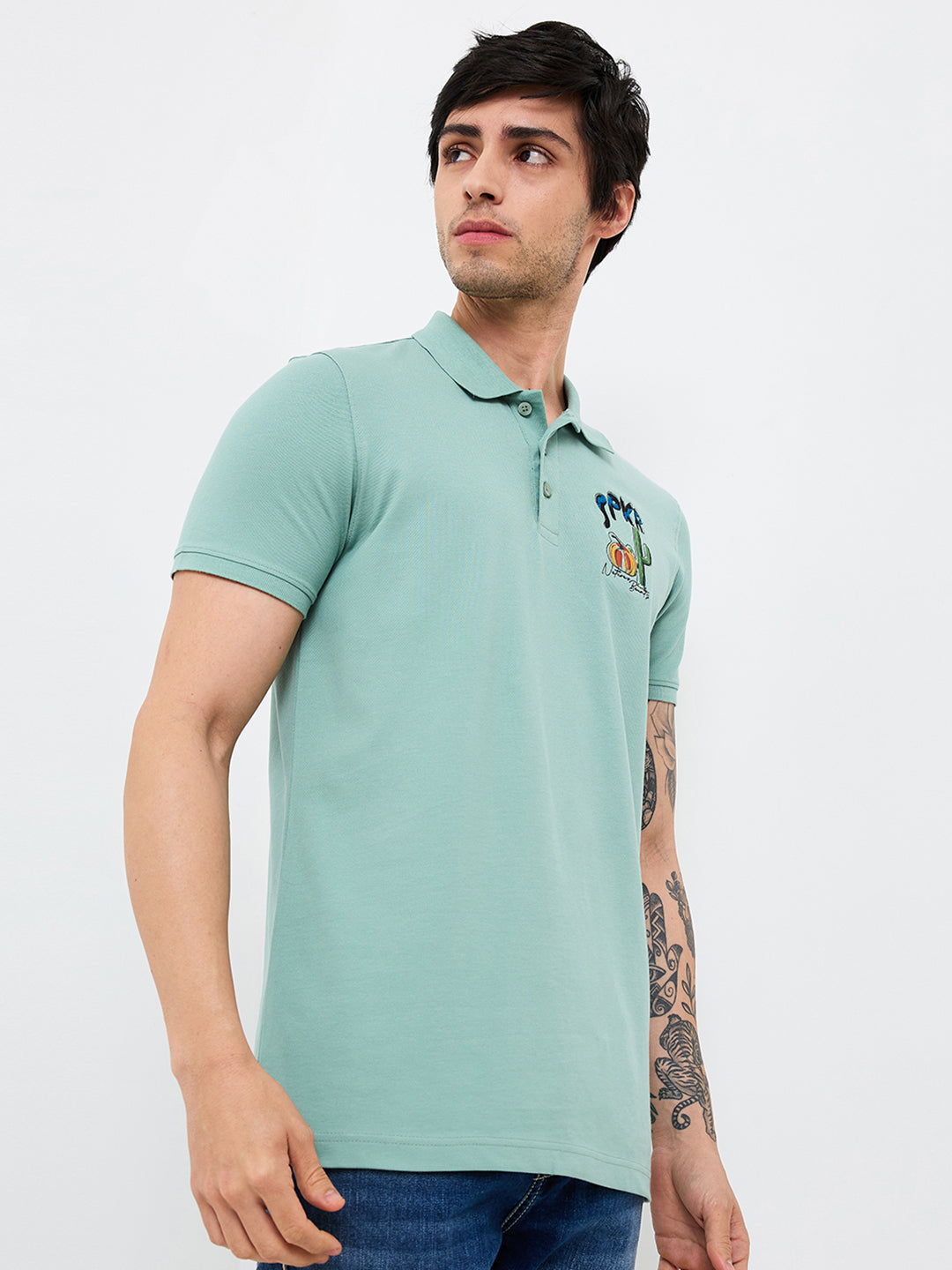 Spykar Green Slim Fit Solid Half Sleeve T-Shirt For Men