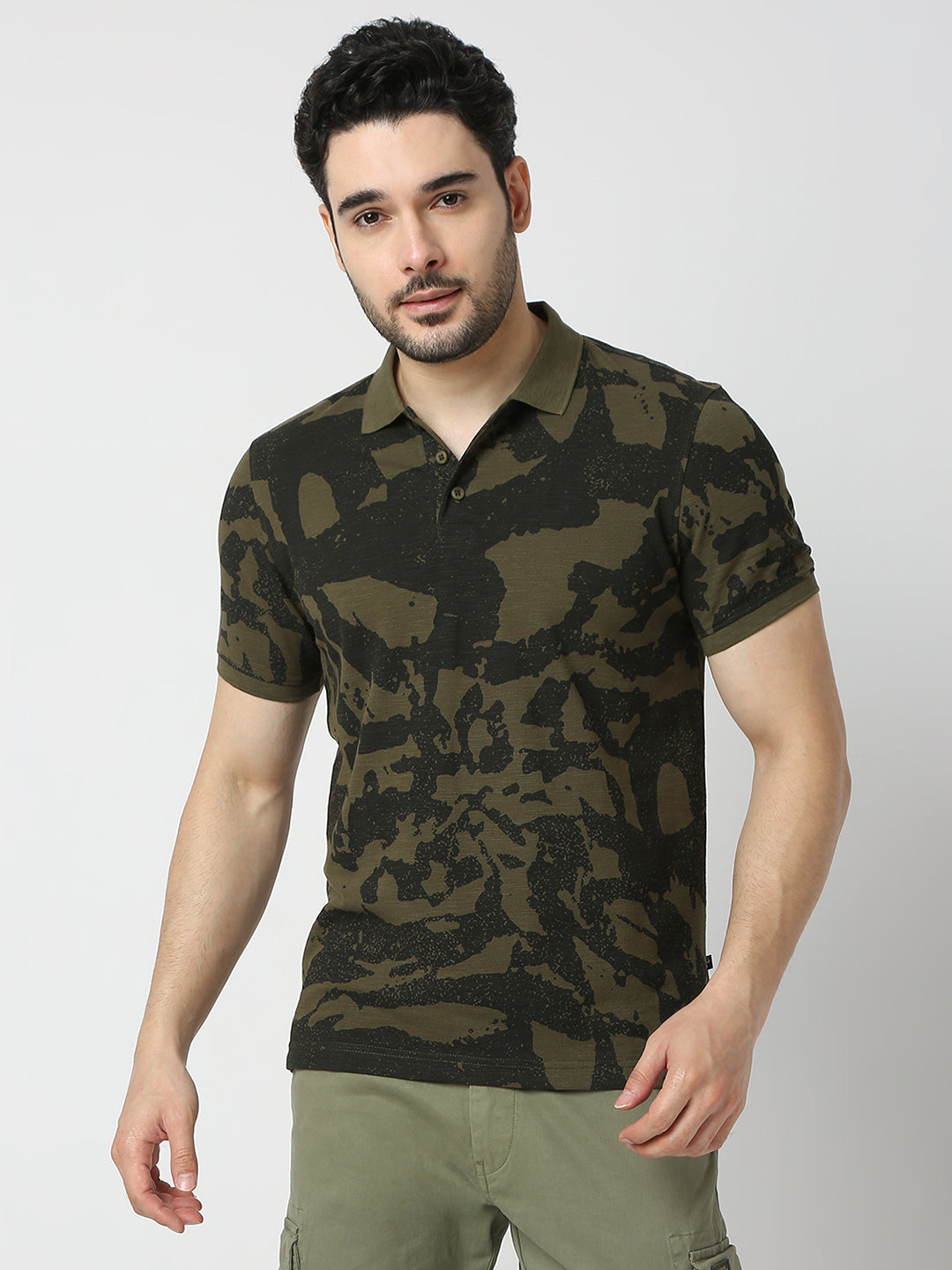 Spykar Military Green Cotton Half Sleeve T-shirt For Men