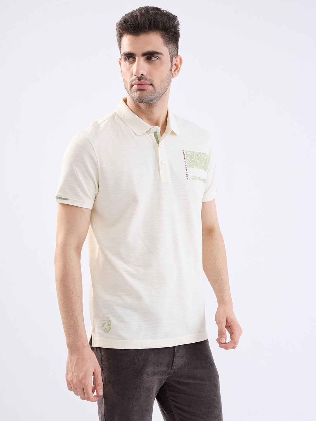 Spykar Off White Slim Fit Casual T-Shirt For Men