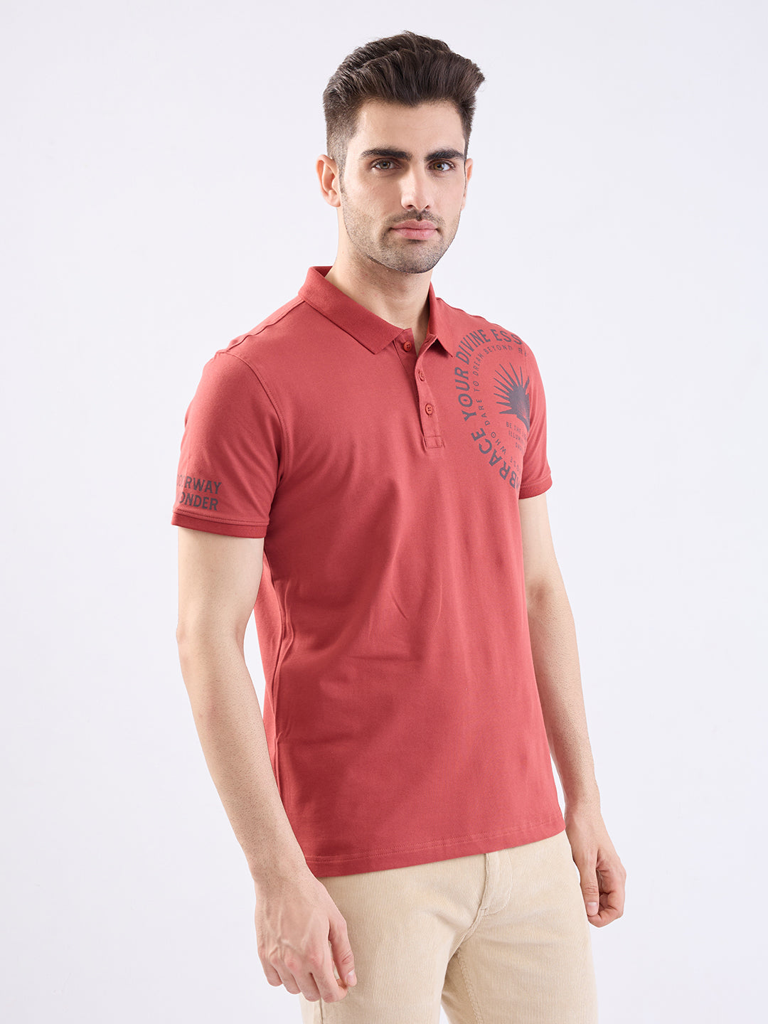Spykar Brick Red Slim Fit Casual T-Shirt For Men