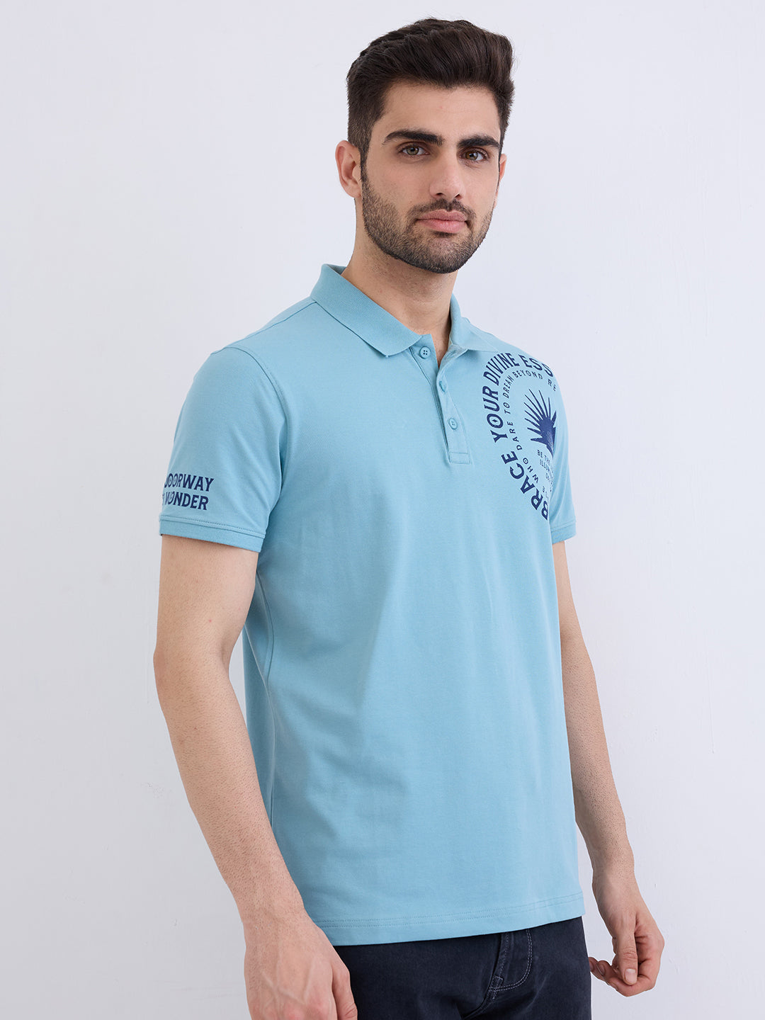 Spykar Cameo Blue Slim Fit Casual T-Shirt For Men
