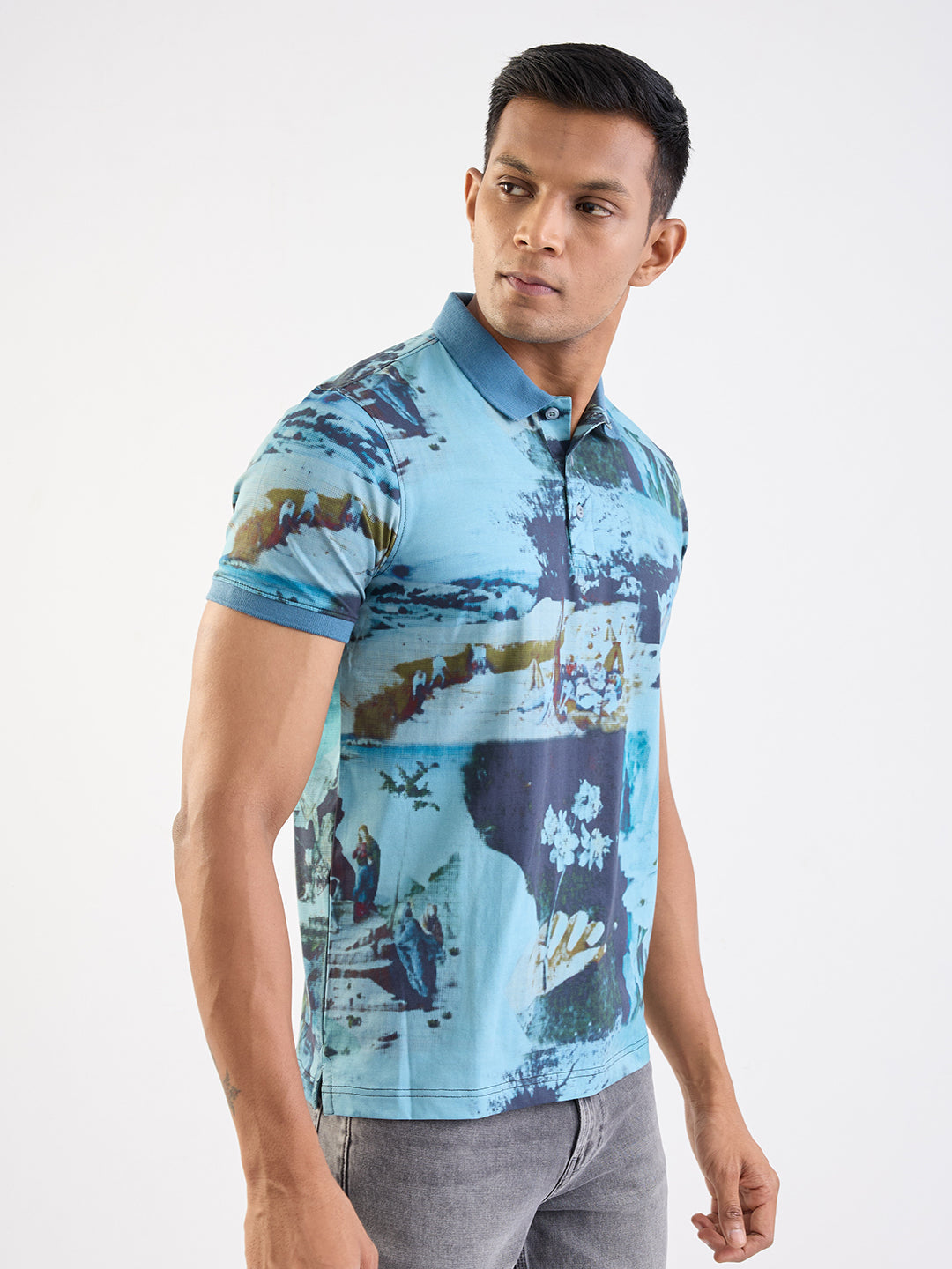 Spykar Cameo Blue Slim Fit Casual T-Shirt For Men