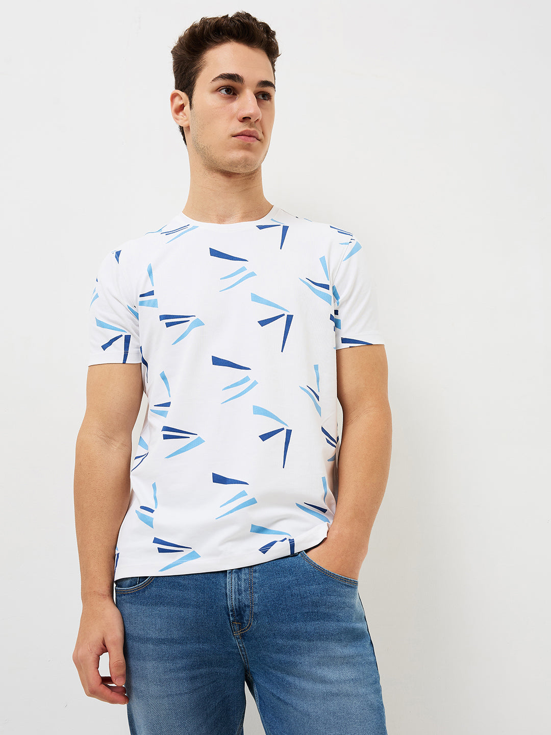 Spykar White Slim Fit Printed Half Sleeve T-Shirt For Men
