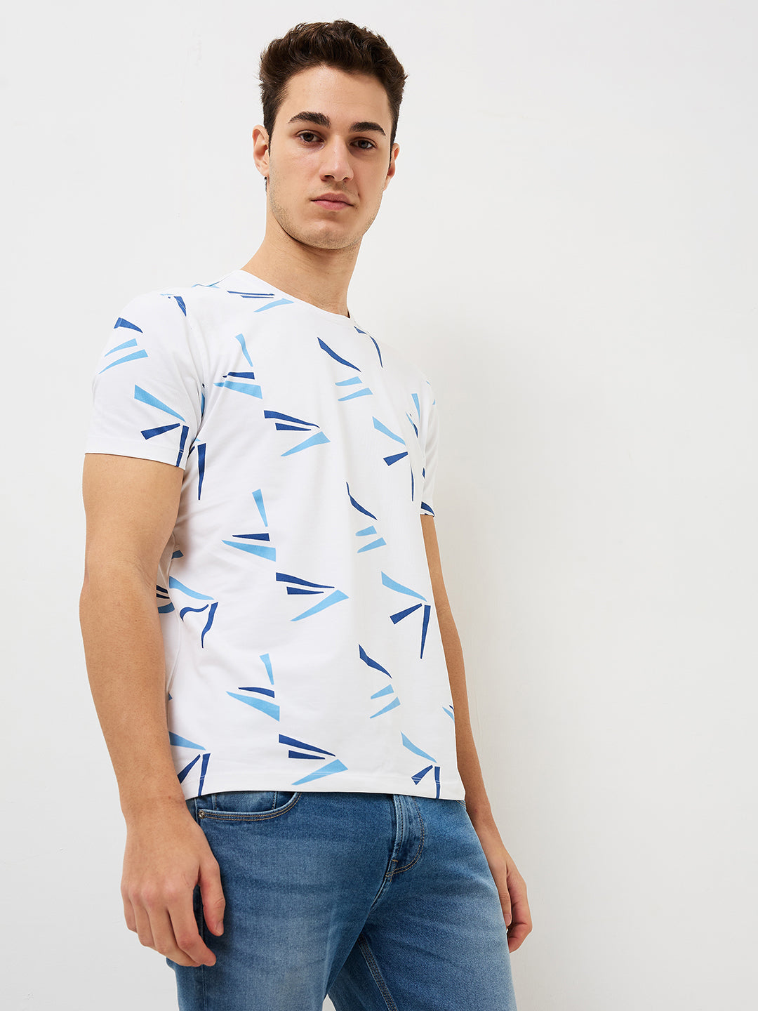 Spykar White Slim Fit Printed Half Sleeve T-Shirt For Men
