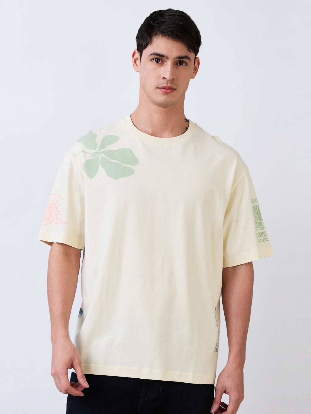 Spykar White Loose Fit Solid Half Sleeve T-Shirt For Men