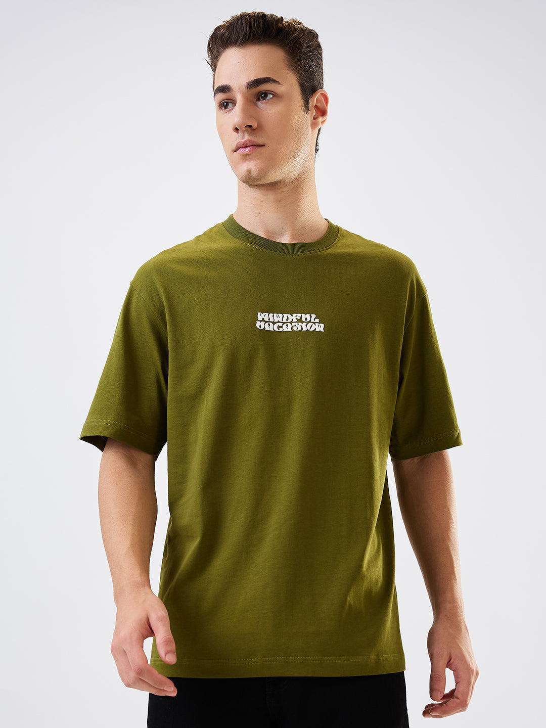 Spykar Green Loose Fit Solid Half Sleeve T-Shirt For Men