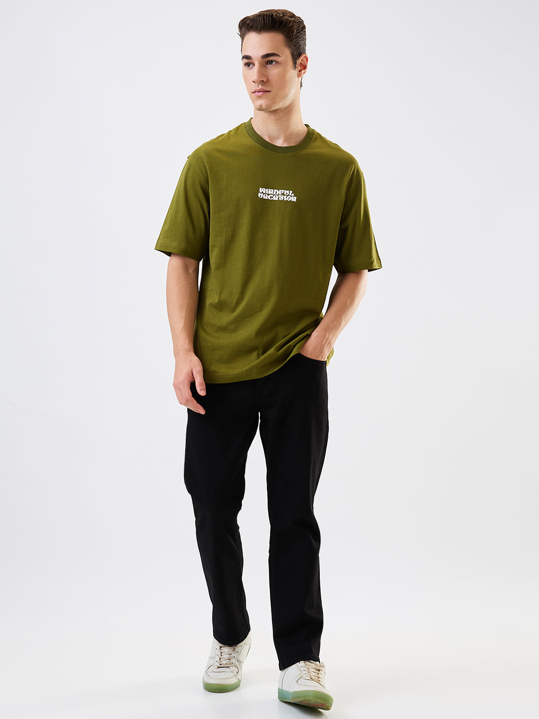 Spykar Green Loose Fit Solid Half Sleeve T-Shirt For Men
