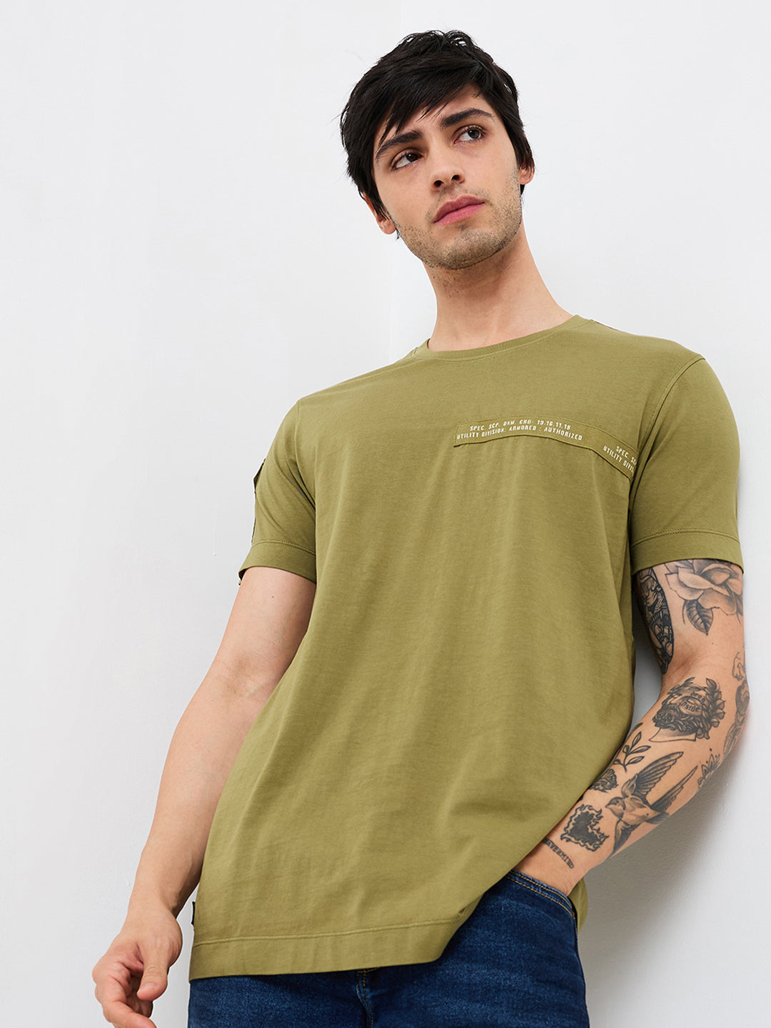 Spykar Green Slim Fit Solid Half Sleeve T-Shirt For Men