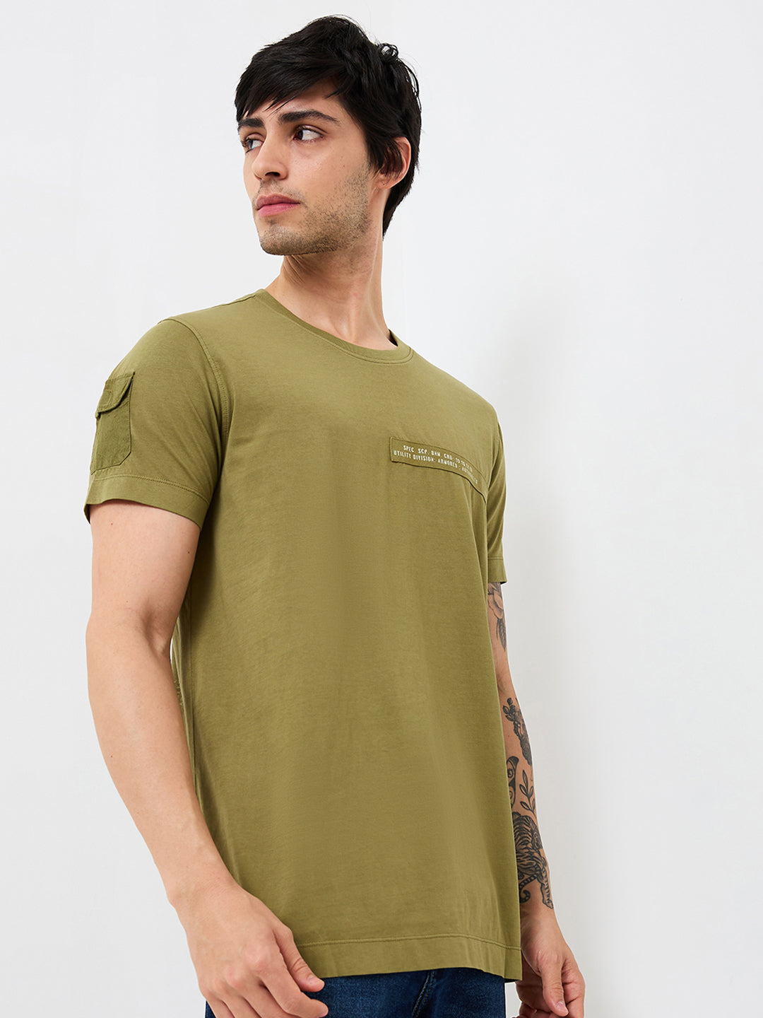 Spykar Green Slim Fit Solid Half Sleeve T-Shirt For Men