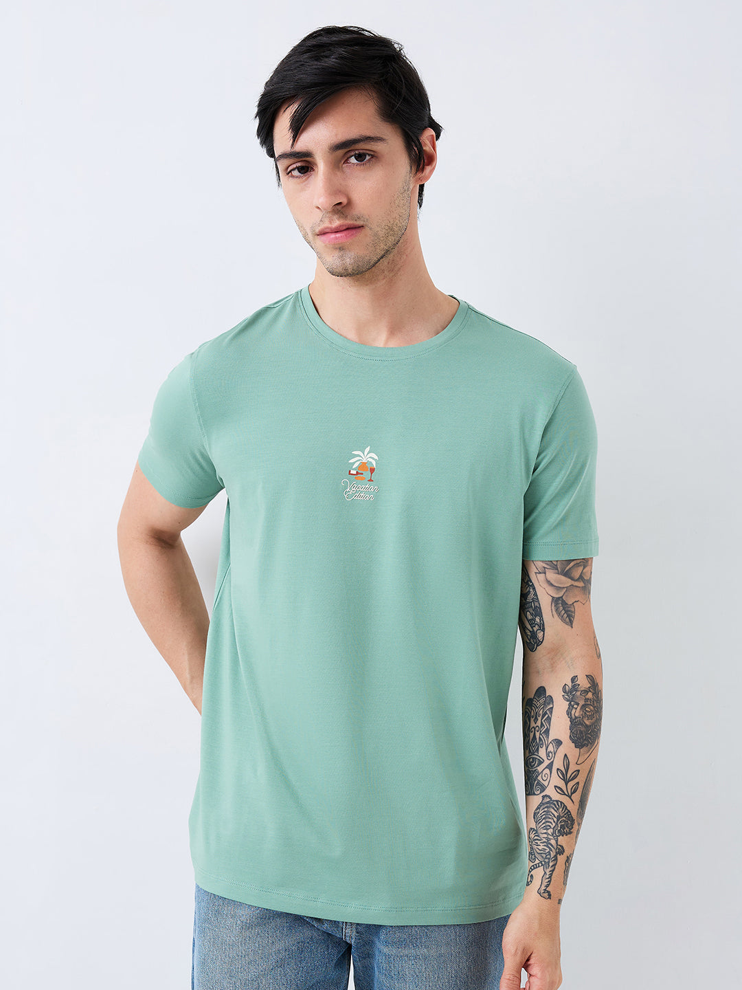 Spykar Green Slim Fit Solid Half Sleeve T-Shirt For Men