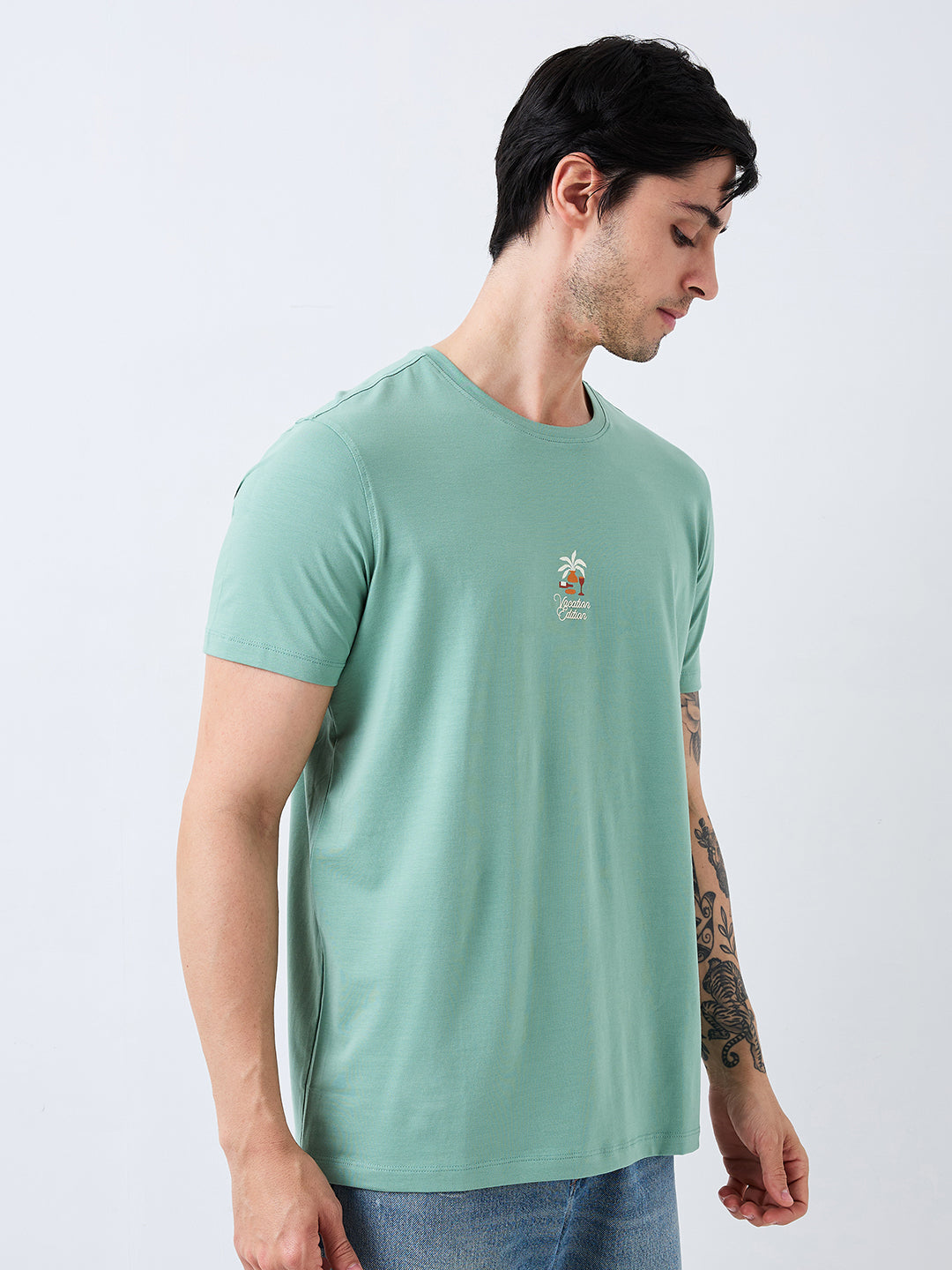 Spykar Green Slim Fit Solid Half Sleeve T-Shirt For Men