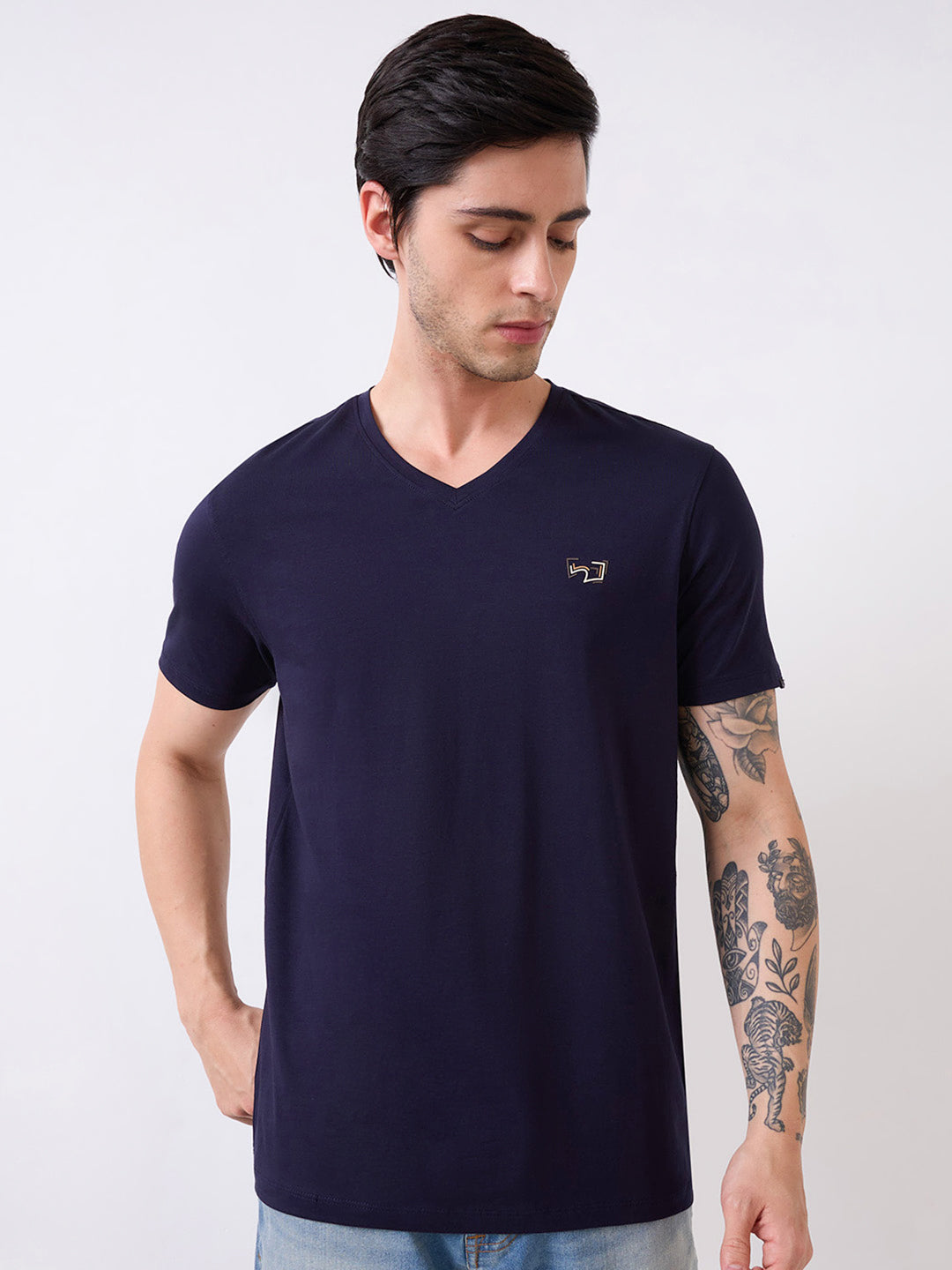 Spykar Blue Half Sleeves Slim Fit Solid T-Shirt For Men