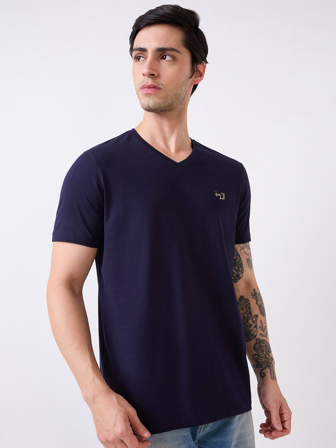Spykar Blue Half Sleeves Slim Fit Solid T-Shirt For Men