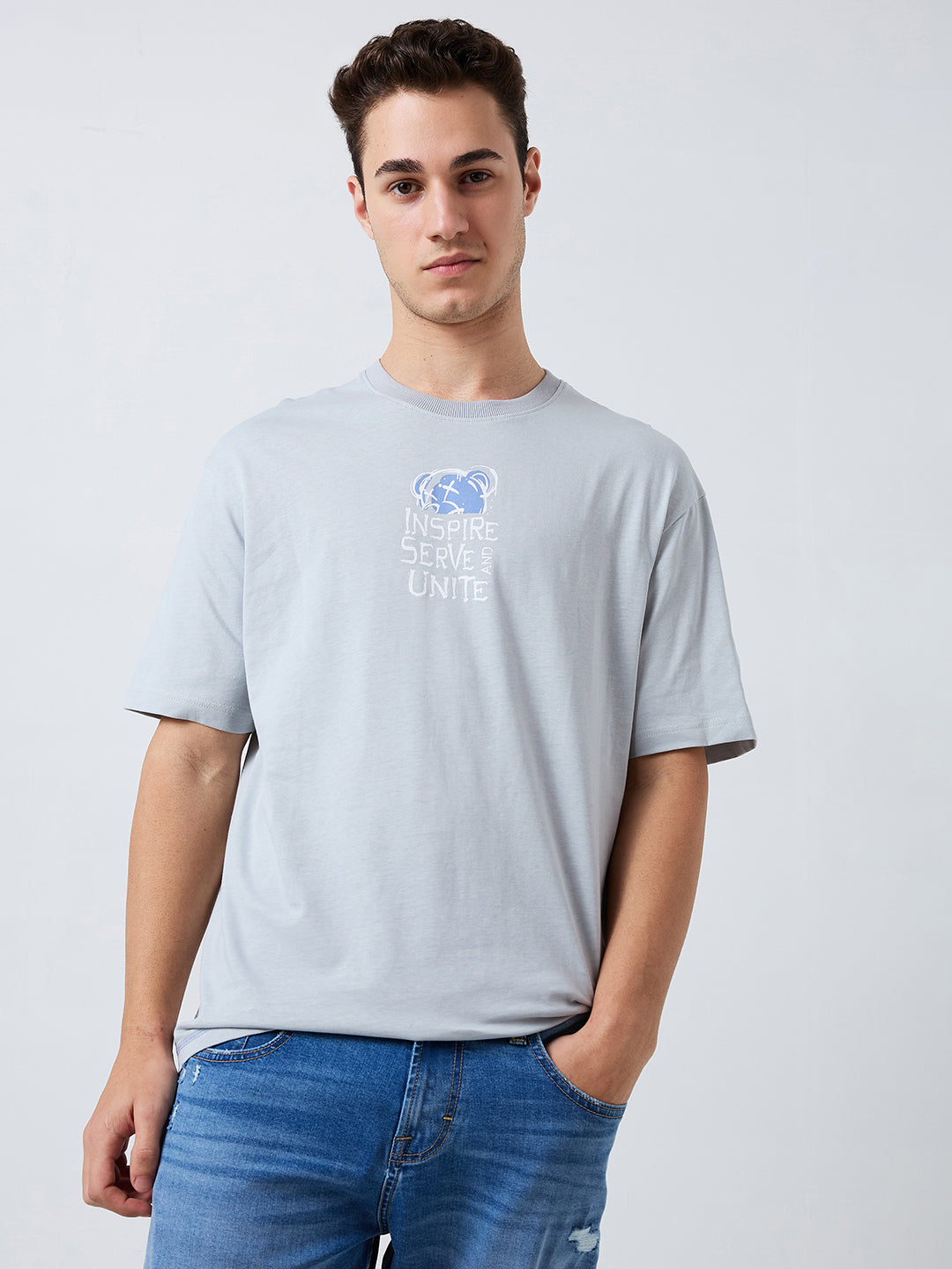 Spykar Grey Loose Fit Solid Half Sleeve T-Shirt For Men