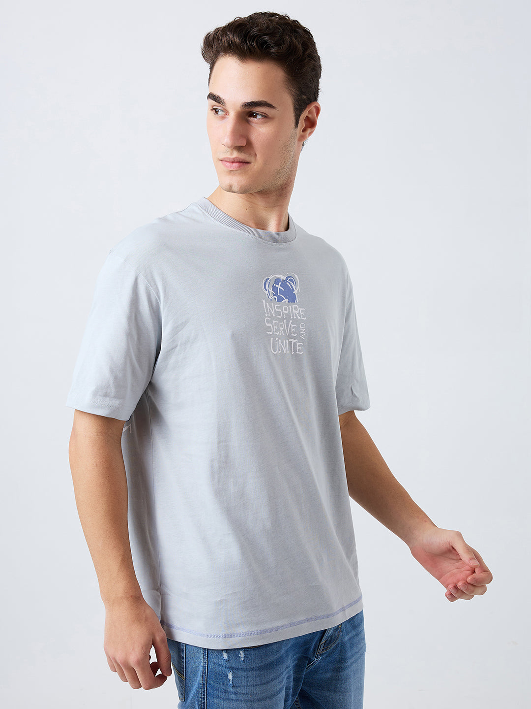 Spykar Grey Loose Fit Solid Half Sleeve T-Shirt For Men