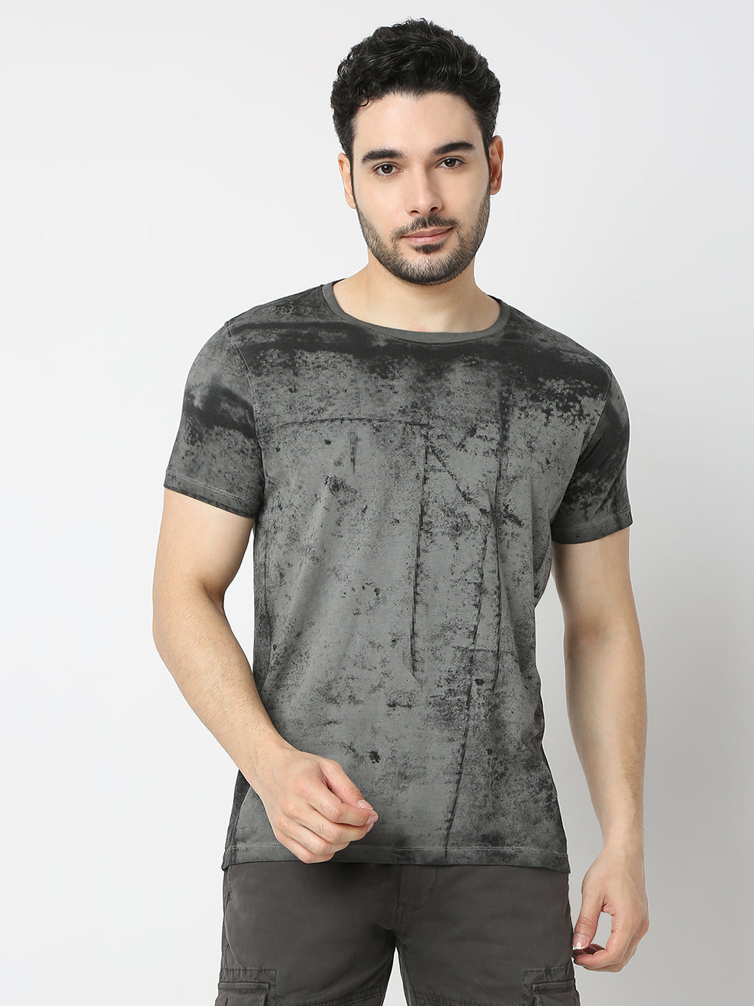 Spykar Cement Grey Cotton Half Sleeve T-shirt For Men
