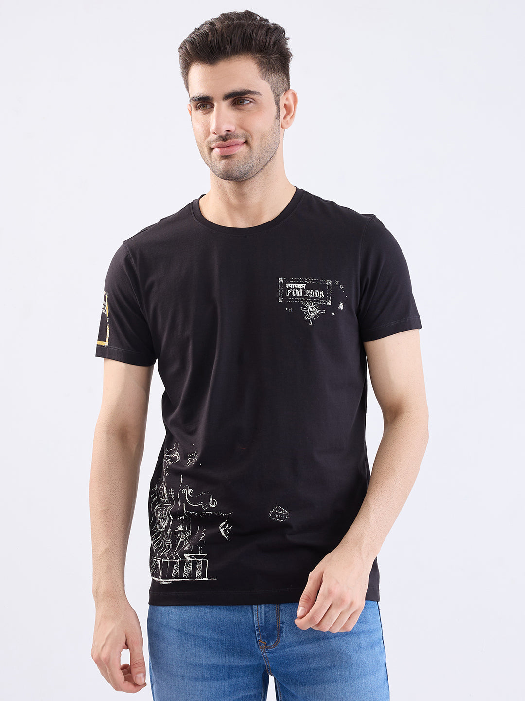 Spykar Black Slim Fit Casual T-Shirt For Men