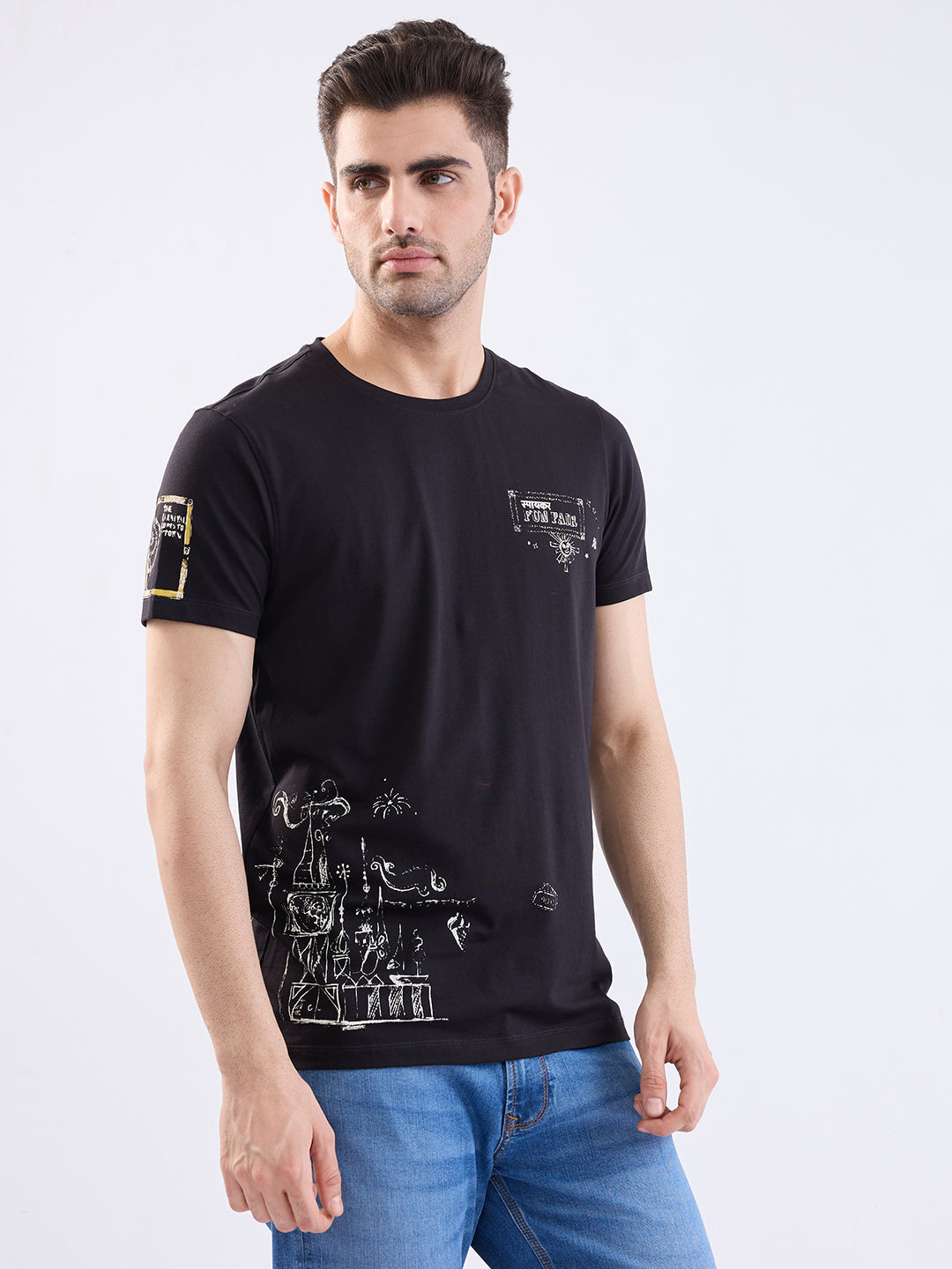 Spykar Black Slim Fit Casual T-Shirt For Men