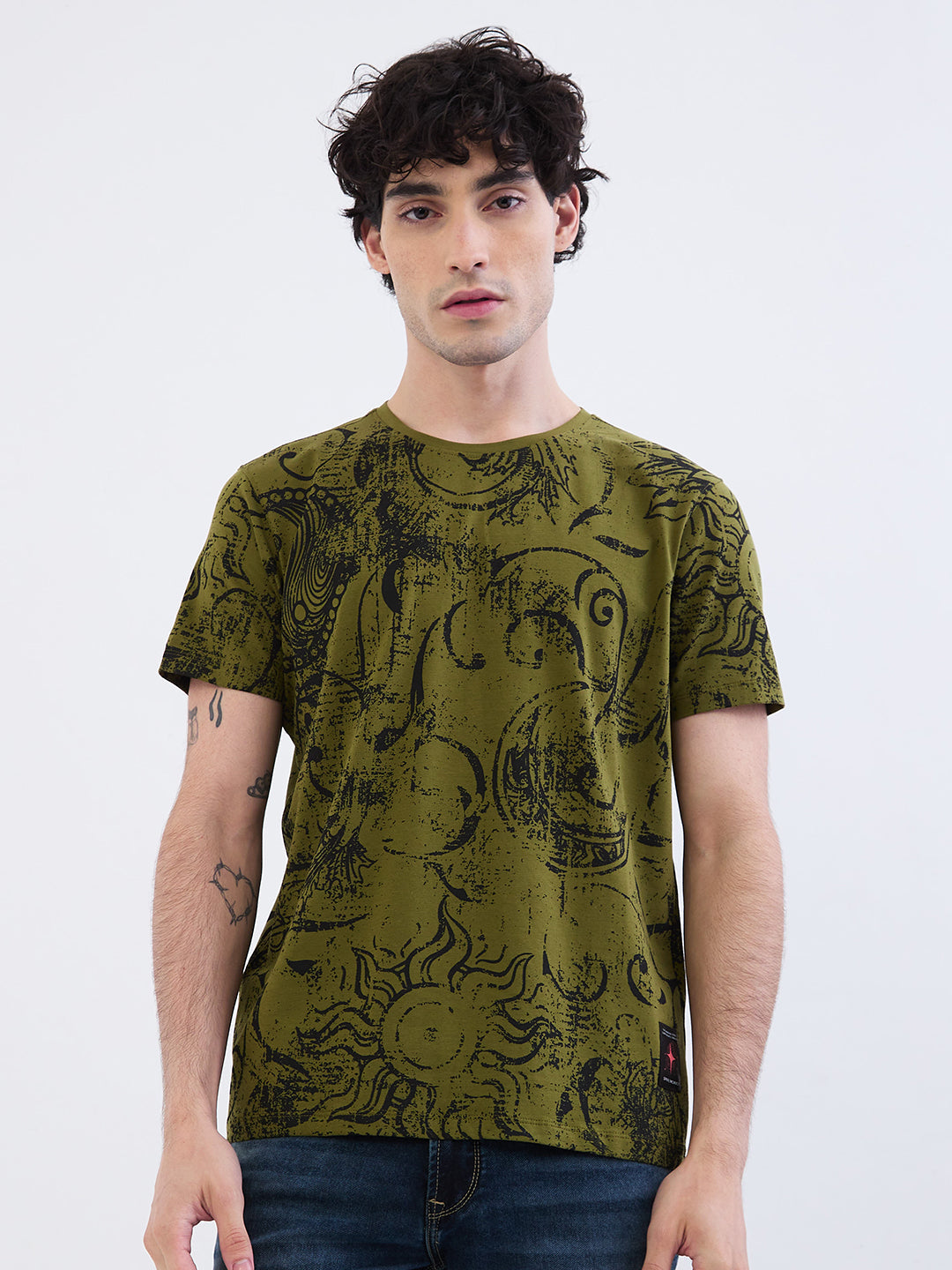 Spykar Avocado Green Slim Fit Casual T-Shirt For Men