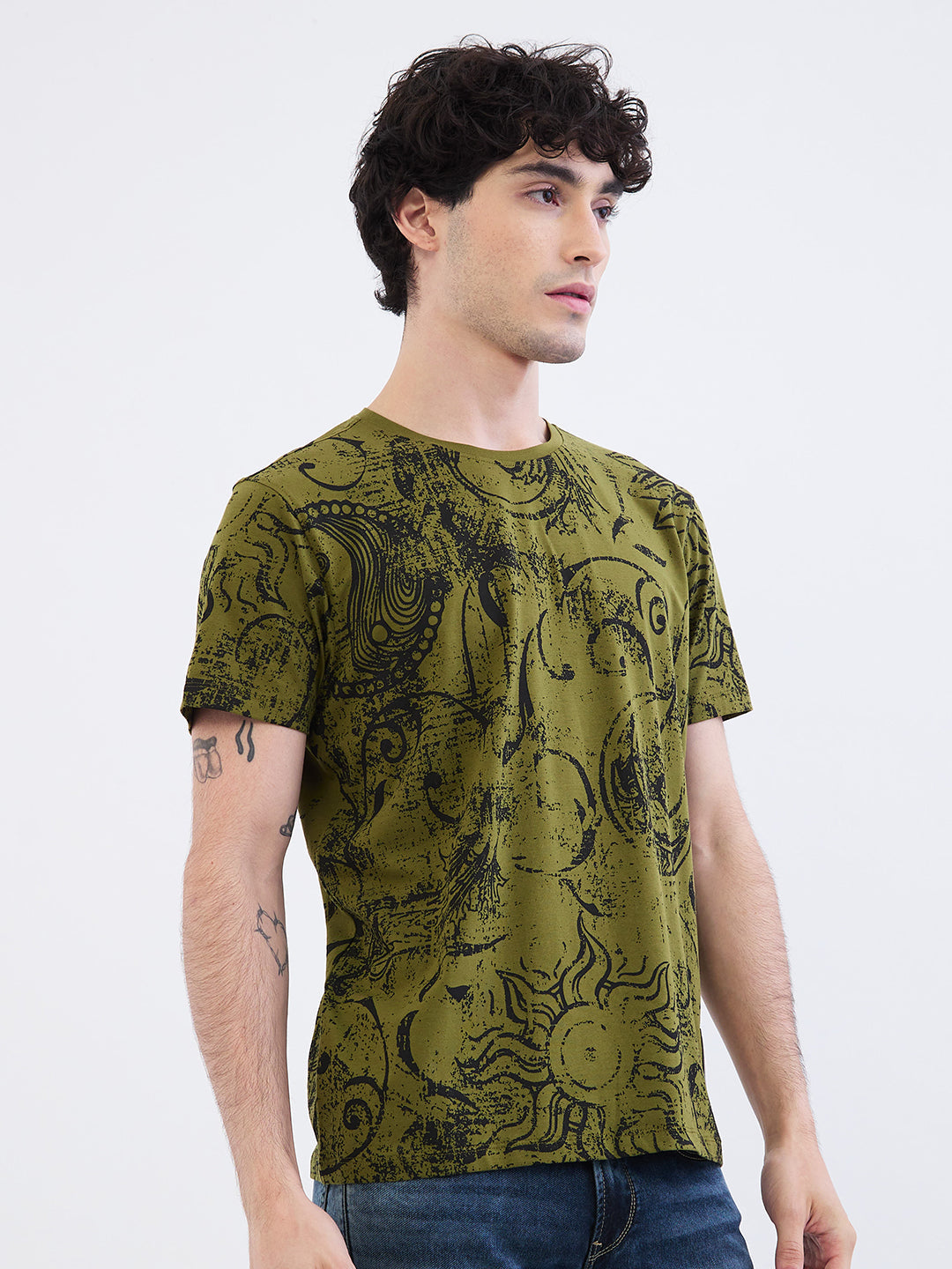 Spykar Avocado Green Slim Fit Casual T-Shirt For Men