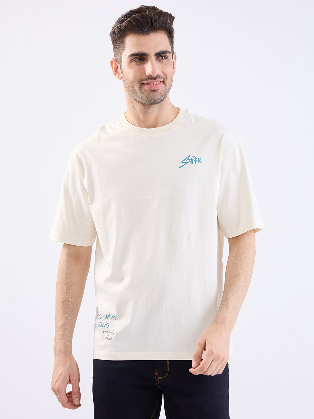 Spykar Off White Comfort Fit Casual T-Shirt For Men