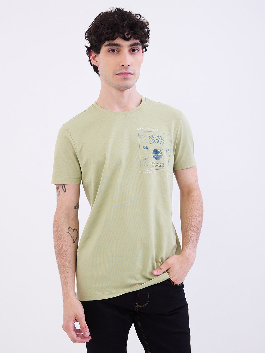 Spykar Lint Green Slim Fit Casual T-Shirt For Men