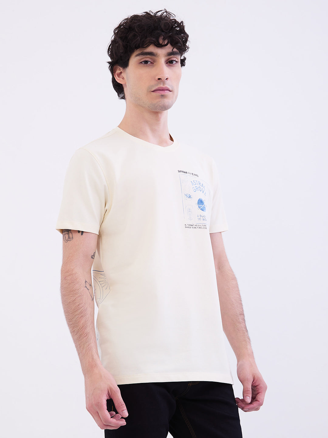 Spykar Off White Slim Fit Casual T-Shirt For Men