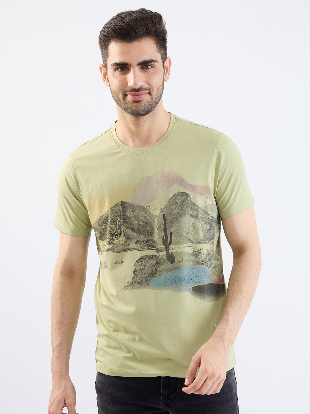 Spykar Lint Green Slim Fit Casual T-Shirt For Men