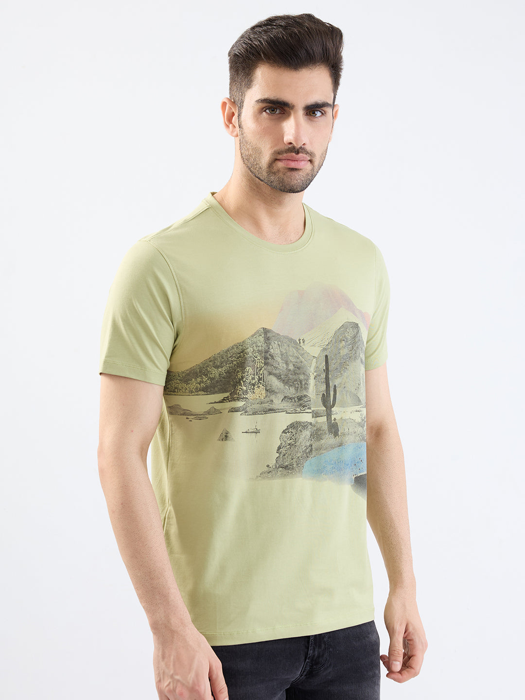 Spykar Lint Green Slim Fit Casual T-Shirt For Men