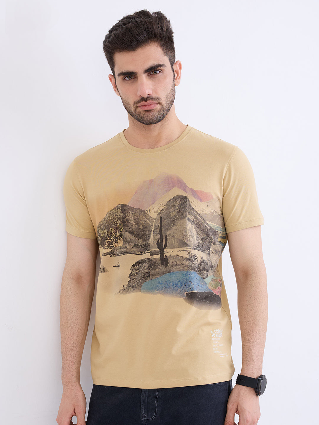 Spykar Taupe Beige Slim Fit Casual T-Shirt For Men